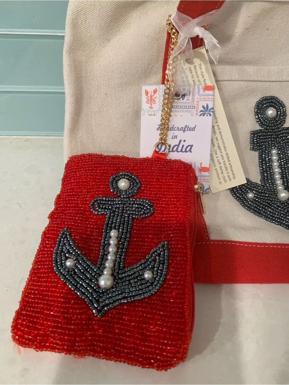 Small Canvas Tote Beaded Nautical Anchor Red Trim and Beaded Chain Pouch NWT